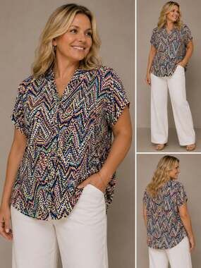 Cathy Multicolor Geometric Sequin Embellished Short Sleeve Button Down Blouse
M-